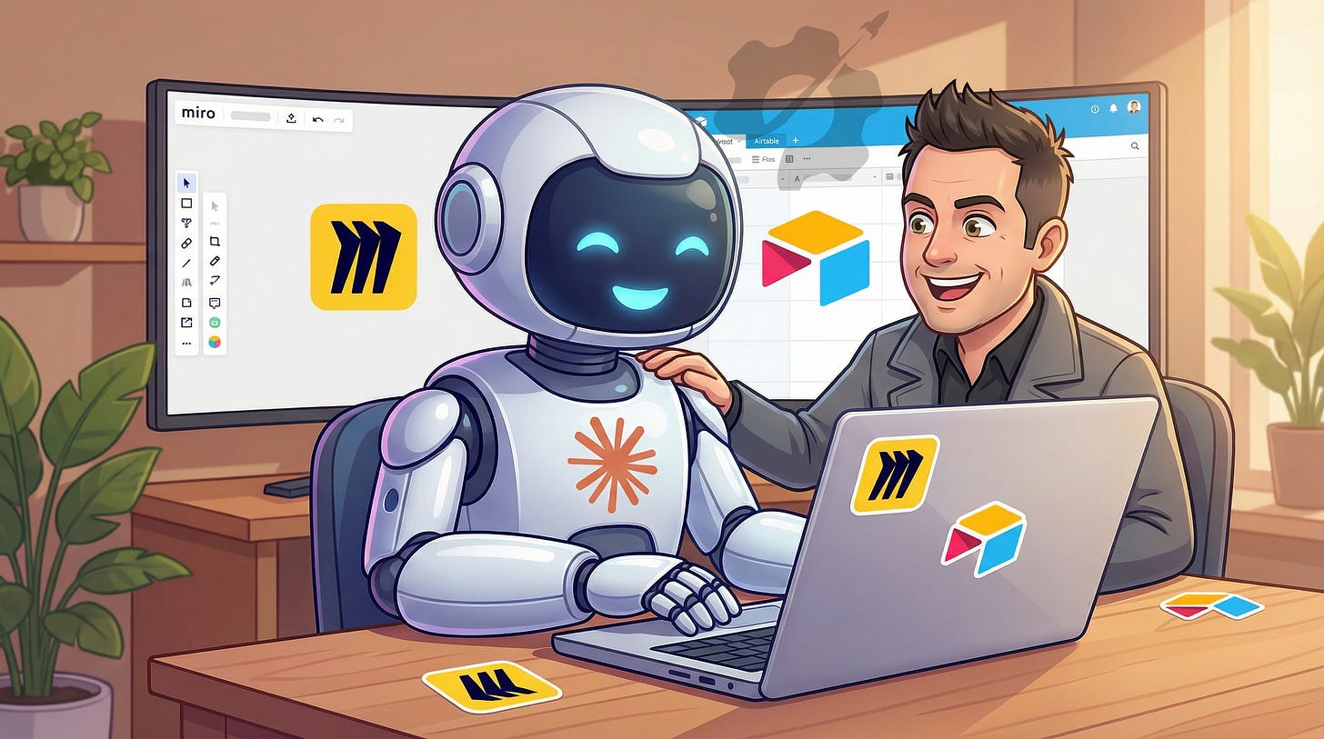 Cartoon of Graham and a robot branded as Claude working together on a laptop, happy.