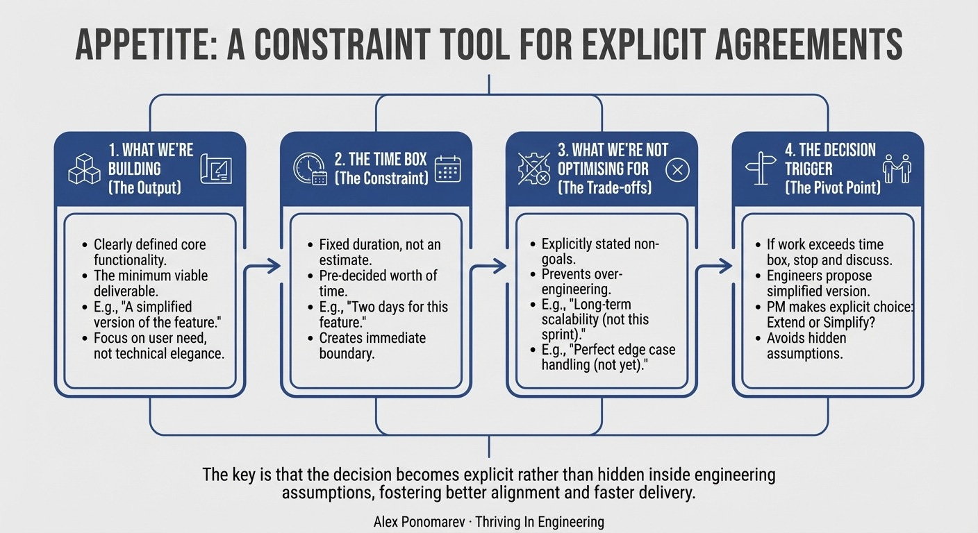 Infographic summarizing information in '3. make constraints explicit' section. 1 what we're building; 2 the time box; 3 what we're not optimizing for; 4 the decision trigger.