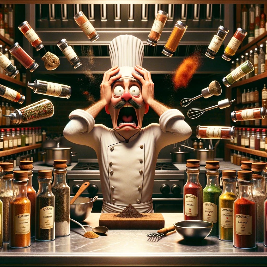 A chef panicked by different spices