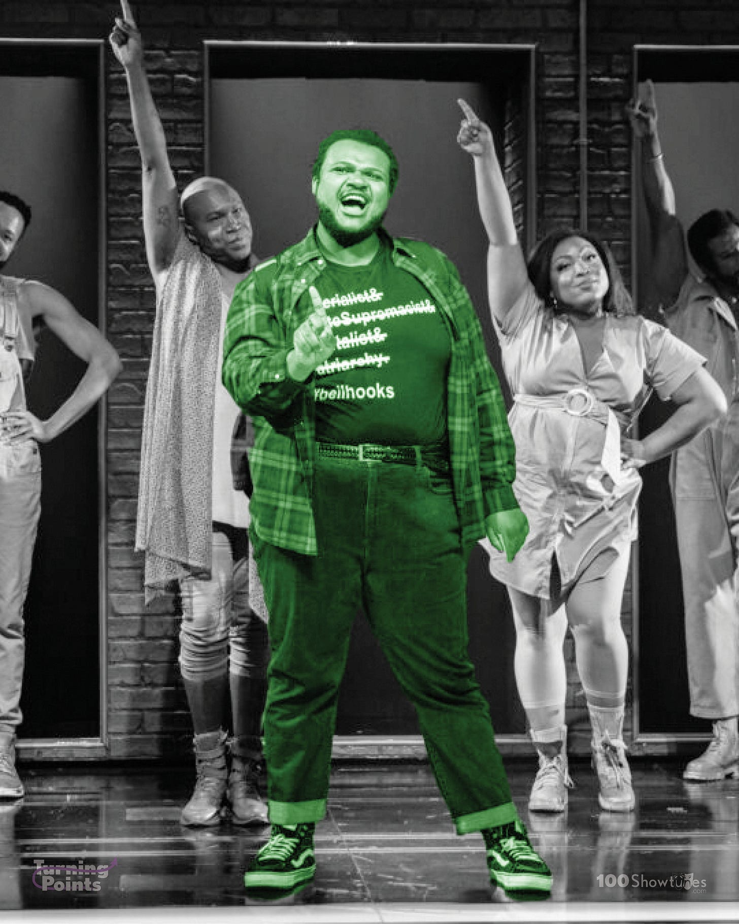 A tinted photo of Jaquel Spivey as Usher signing "Inner White Girl" in Michael R. Jackson's Broadway Musical A STRANGE LOOP.