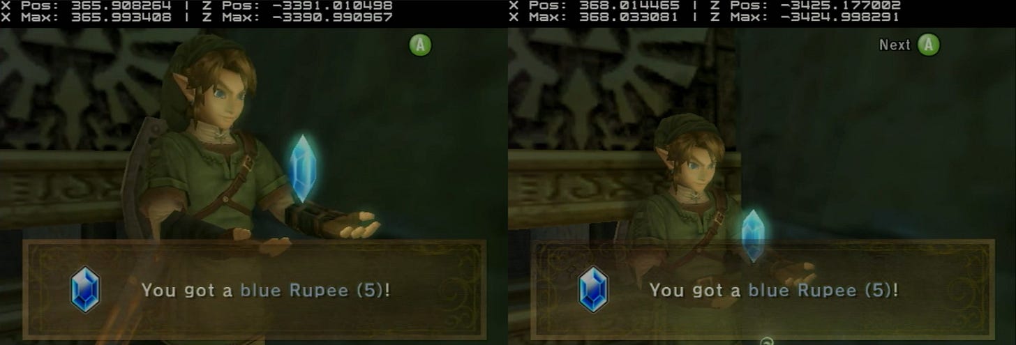 Two screenshots from the game Twilight Princess side by side. The left shows Link in front of a door in the Rupee pickup animation, the right screenshot shows the same Link, but now slightly clipped inside the door after ten hours have passed
