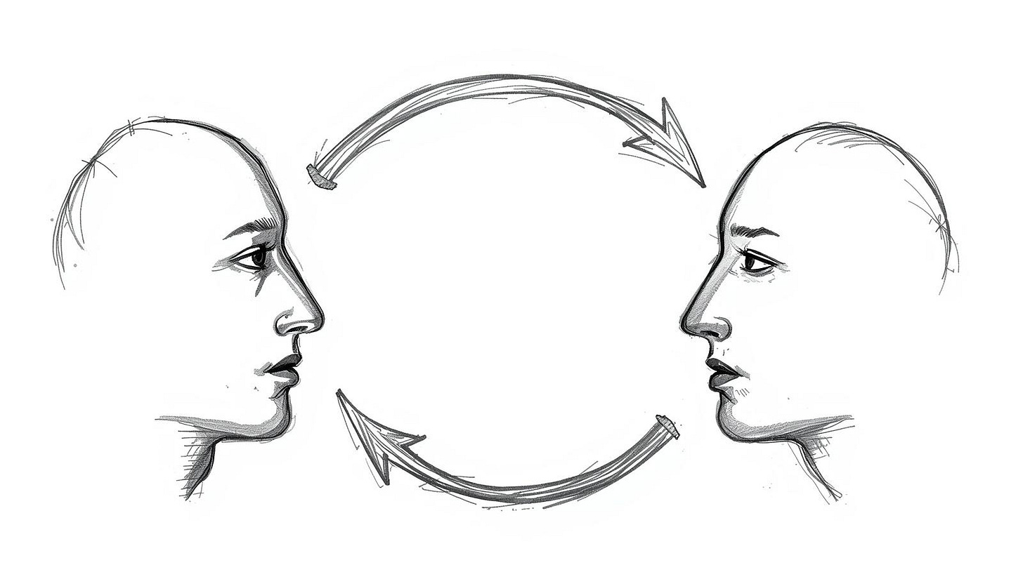 Two figures connected by expanding feedback loop turning worry into reality