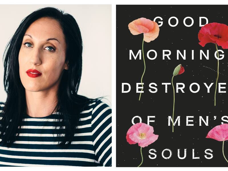Photo of Nina Renata Aron on the left and the cover of her book, Good Morning, Destroy of Men's Souls, on the right