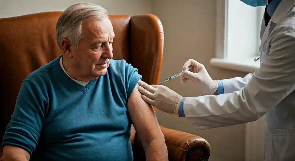 A doctor is carefully administering a vaccine to a senior patient A doctor is carefully administering a vaccine to a senior patient.