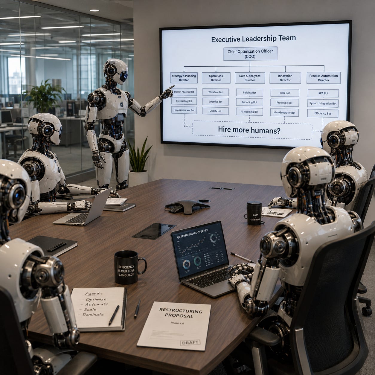 Robots sit in a corporate meeting room, restructuring an org chart on a screen that asks “Hire more humans?”