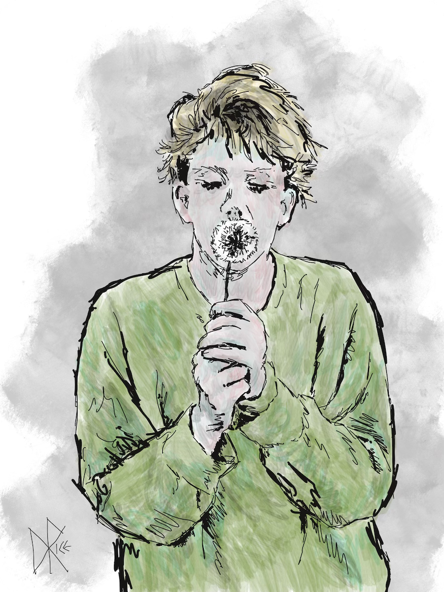 A young woman in a green sweatshirt holds a dandelion seedhead in front of her mouth and begins to blow. Sketch art by Don Rice. A young woman in a green sweatshirt holds a dandelion seedhead in front of her mouth and begins to blow. Sketch art by Don Rice.