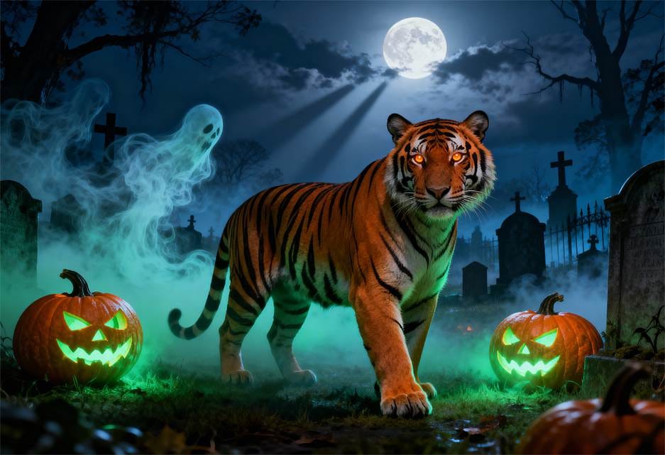 A tiger in a graveyard with pumpkins

AI-generated content may be incorrect.