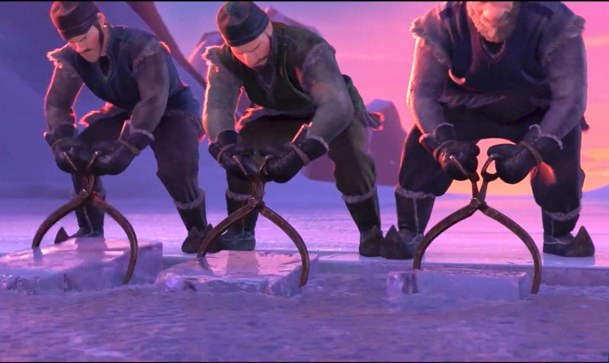 The opening scene to @Disney's #Frozen portrays Ice Harvesters hauling  blocks of ice, afloat with about 10% of their volume above water. Just like  icebergs. So somebody at Disney does, in fact,