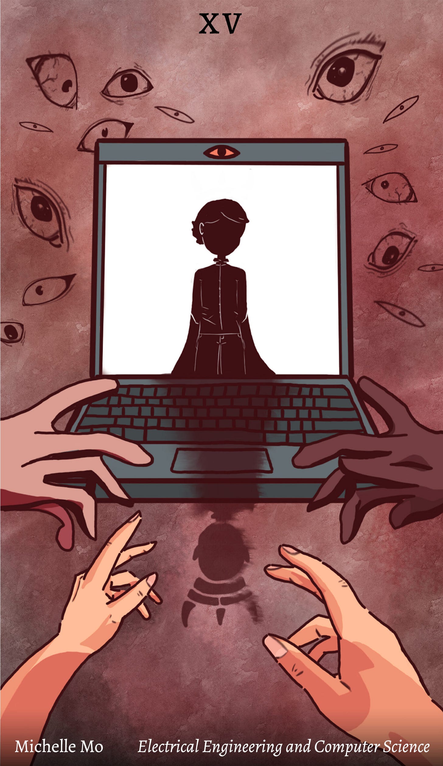 misshapen hands reach out toward a laptop surrounded by eyes of many sizes