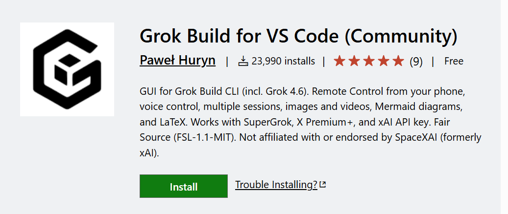 Grok Build for VS Code - VS Code marketplace stats Grok Build for VS Code - VS Code marketplace stats