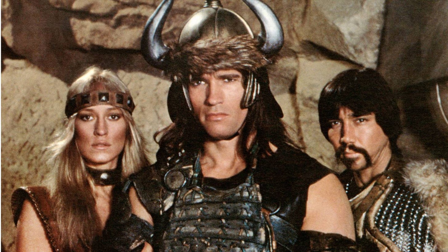 Sandahl Bergman, Arnold Schwarzenegger, and Gerry Lopez in Conan the Barbarian Sandahl Bergman, Arnold Schwarzenegger, and Gerry Lopez in Conan the Barbarian