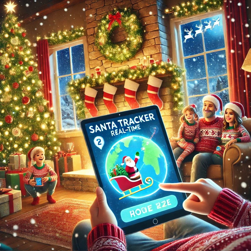 A festive digital illustration featuring a cozy living room decorated for Christmas with a family using a tablet and a smartphone to track Santa Claus in real-time on a map. The room is filled with holiday decor such as a glowing Christmas tree, stockings on the fireplace, and snow gently falling outside the window. The tablet screen shows a Santa tracker app with a sleigh and reindeer icon moving across the globe. The family includes two excited children and their parents, all wearing Christmas sweaters and smiling. A sense of warmth and joy is captured, emphasizing holiday fun and modern technology.