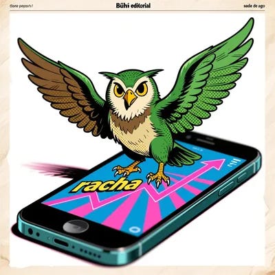 Búho editorial no verde (tonos sepia/azul marino) posado sobre un teléfono con pantalla abstracta de “racha” representada por rayas ascendentes (sin números), alas ligeramente abiertas como si diera la señal de “sigue”; estilo cómic Golden Age, entintado pesado, Ben-Day dots, color plano, papel envejecido, registro de color leve; encuadre horizontal con espacio limpio arriba para el título; sin texto, sin logotipos, personaje original. estilo comics vintage edad de oro

