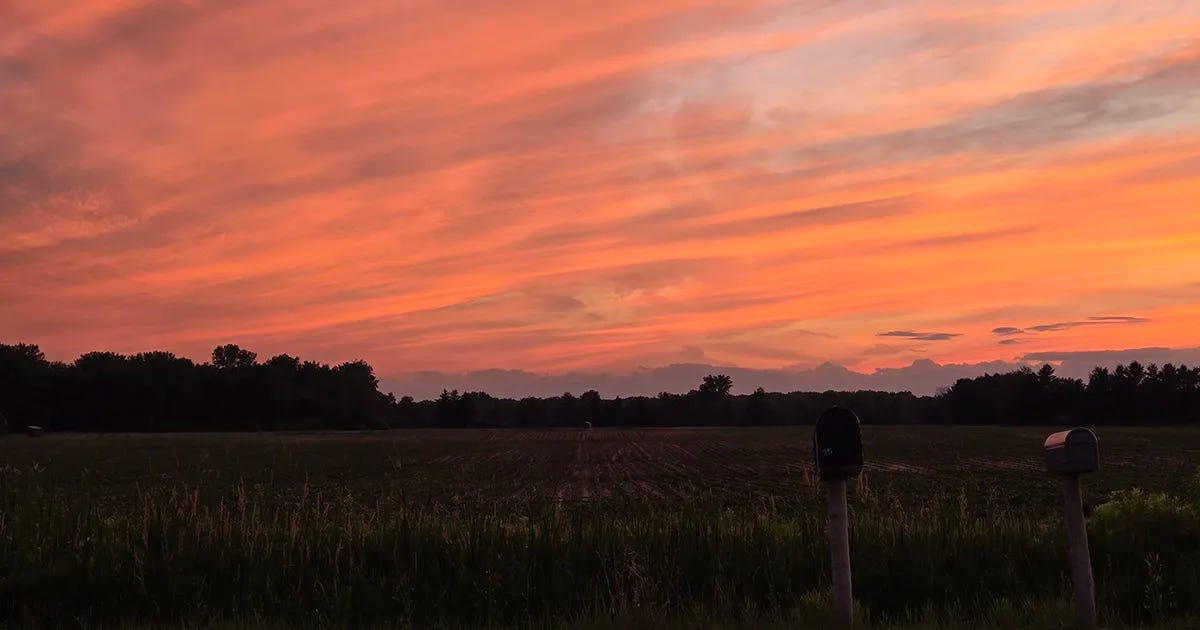 Pink and orange sunset streaks across the sky above a rural field bordered by trees, with two mailboxes silhouetted in the foreground.