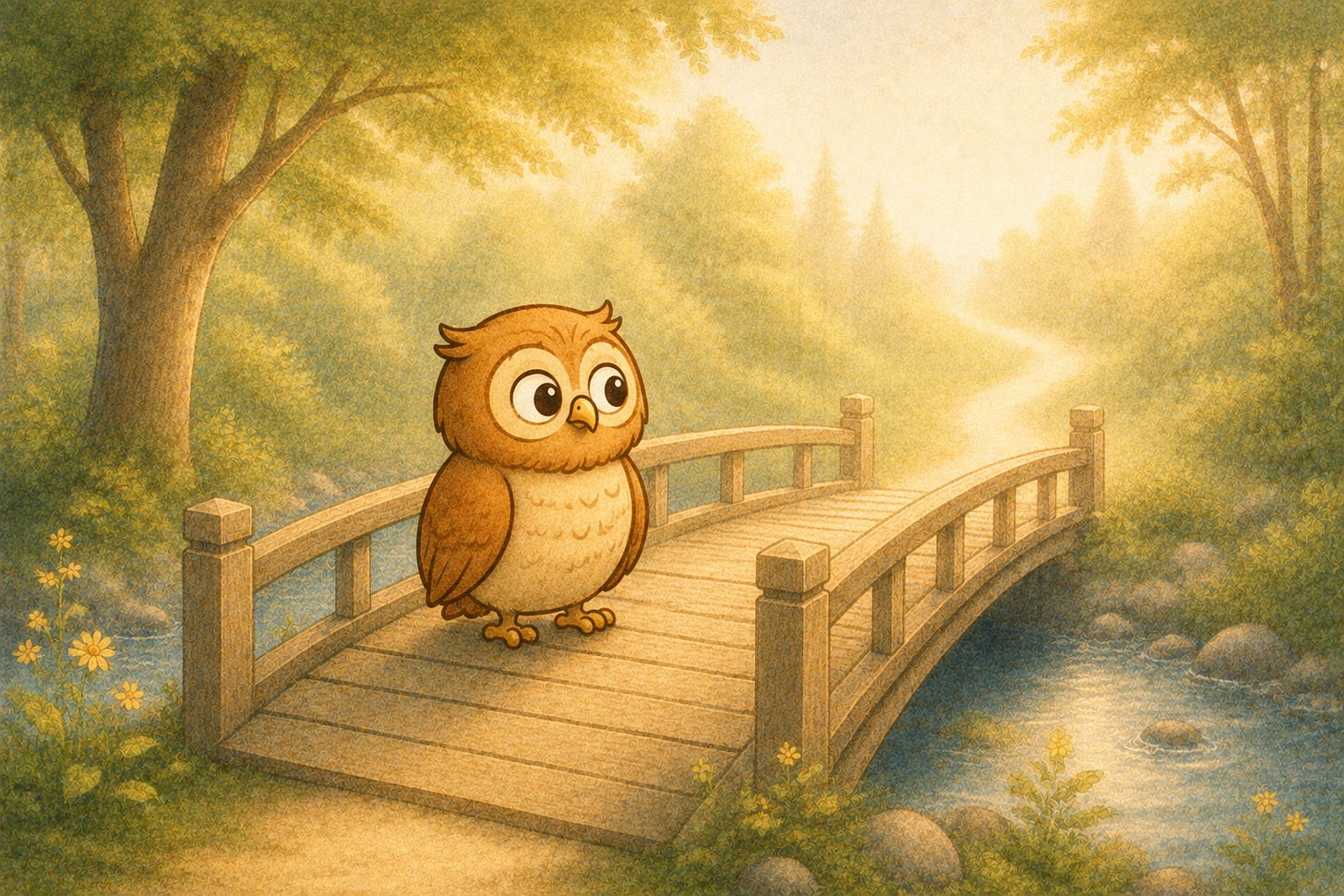 Owl standing midway across a wooden bridge, looking toward a path that disappears into trees and morning haze.