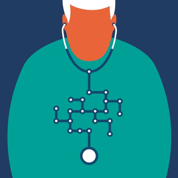 Conceptual illustration of doctor with stethoscope made of neural network