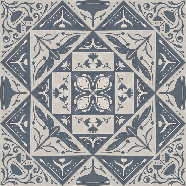 Five patterns, one half-drop damask with forest flora and fauna and in a moccha mousse palette, one scattered repeat with forest flora and fauna in a darker brown palette, including moccha mouse, one bright pattern of trees, one cheater quilt block in a blue-grey and one hand-drawn stripe in brown.
