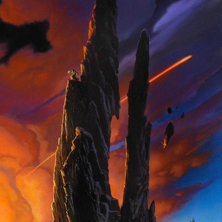 LEFT: Detail of the dragon with orange wings spread behing it. The trailing edge is riddled with holes. Its body is densest in its upper half with thick neck and pronounced lower mandible. Lines of lava show in cracks between its scales. RIGHT: One a spire of stone, a magic user poses in long robes with knees bent and something glowing in their hand.