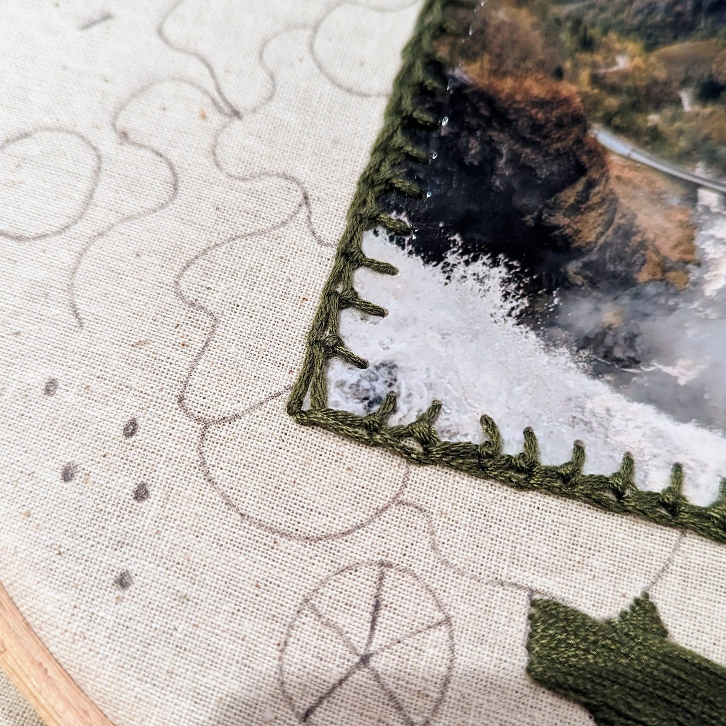 Close up of embroidery hoop with photograph of waterfall landscape