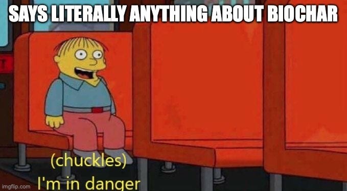 Ralph Wiggum from The Simpsons sits alone on a school bus seat. Top text: "SAYS LITERALLY ANYTHING ABOUT BIOCHAR". Bottom text: "(chuckles) I'm in danger"