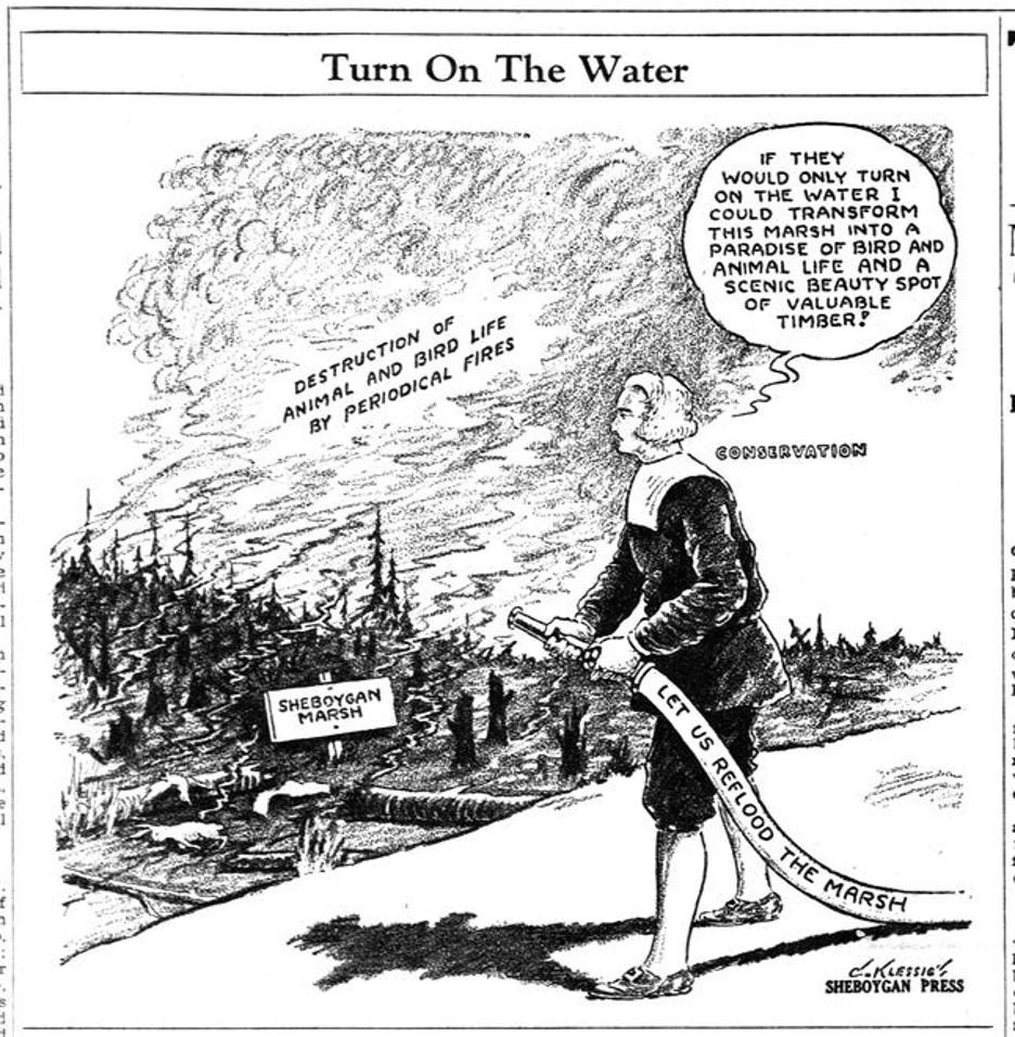 a political cartoon showing a man labelled "conservation" attempting to flood the drained sheboygan marsh