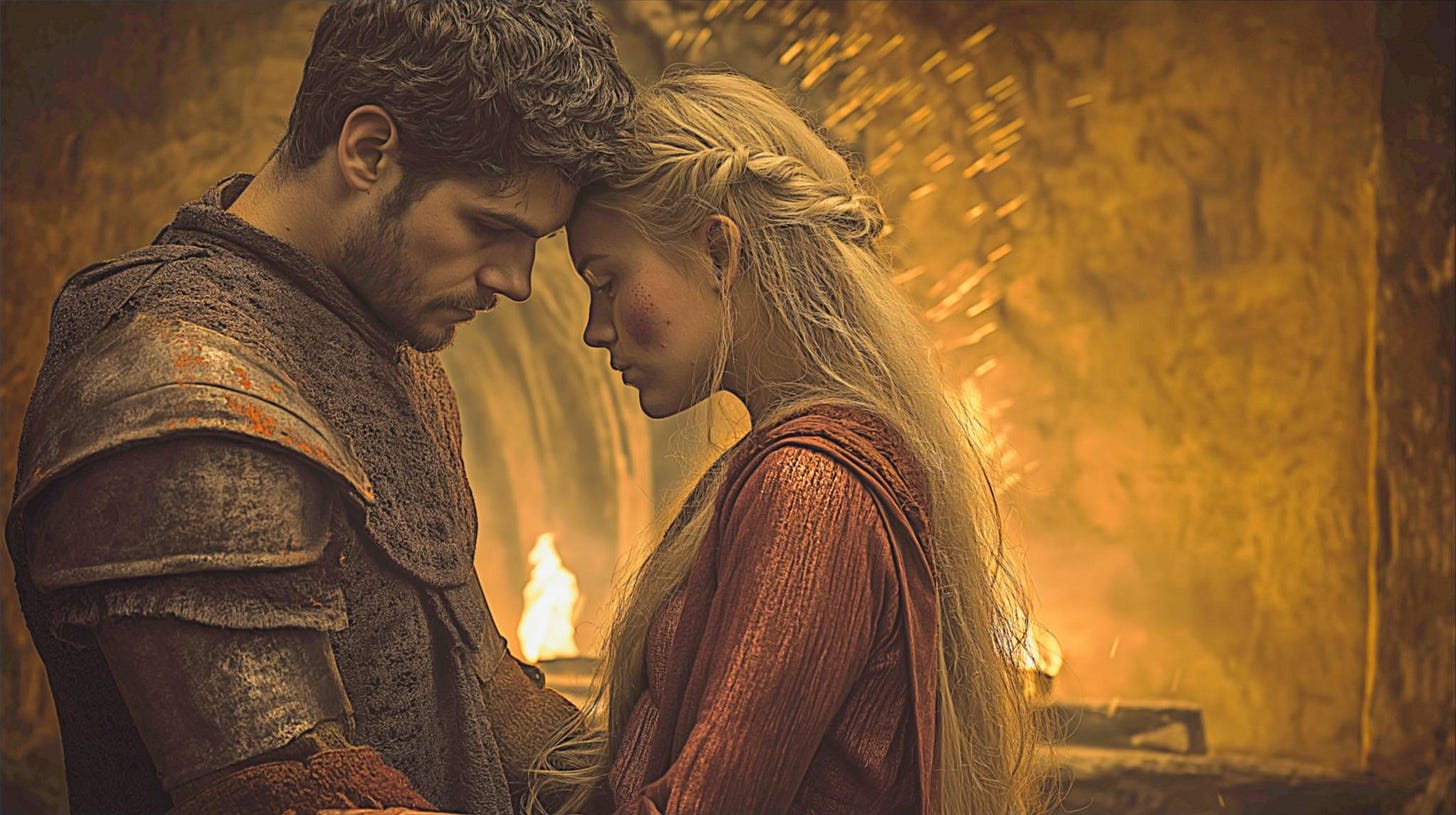 A fantasy couple stands close before a hearth, sparks floating in the golden firelight. The man wears dark, weathered armor; the woman, in a crimson gown, has long pale-blonde hair that gleams like molten gold. Their foreheads touch in a moment of quiet connection as the flames burn behind them.