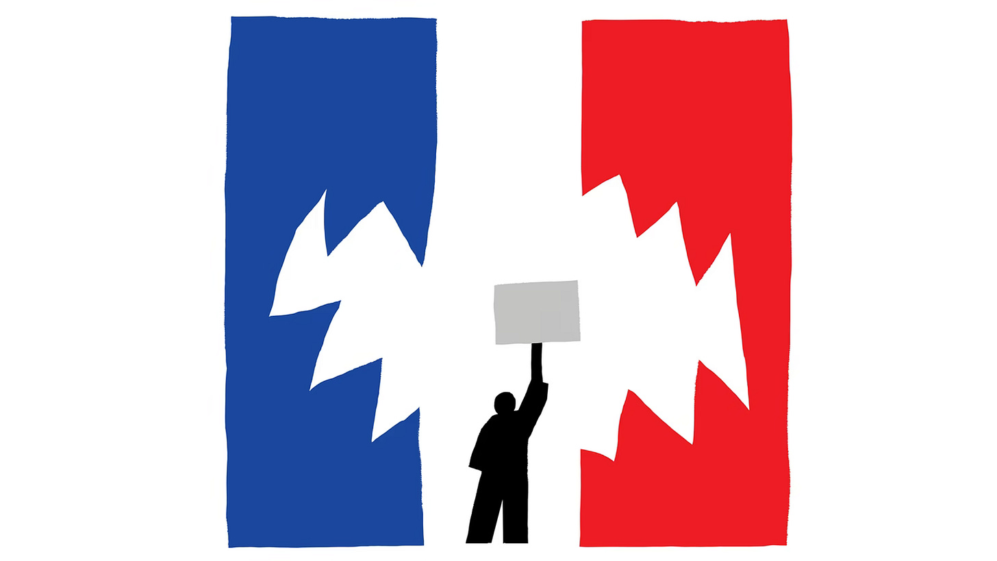 Illustration of tricolor French flag with silhouette of person raising a protest sign