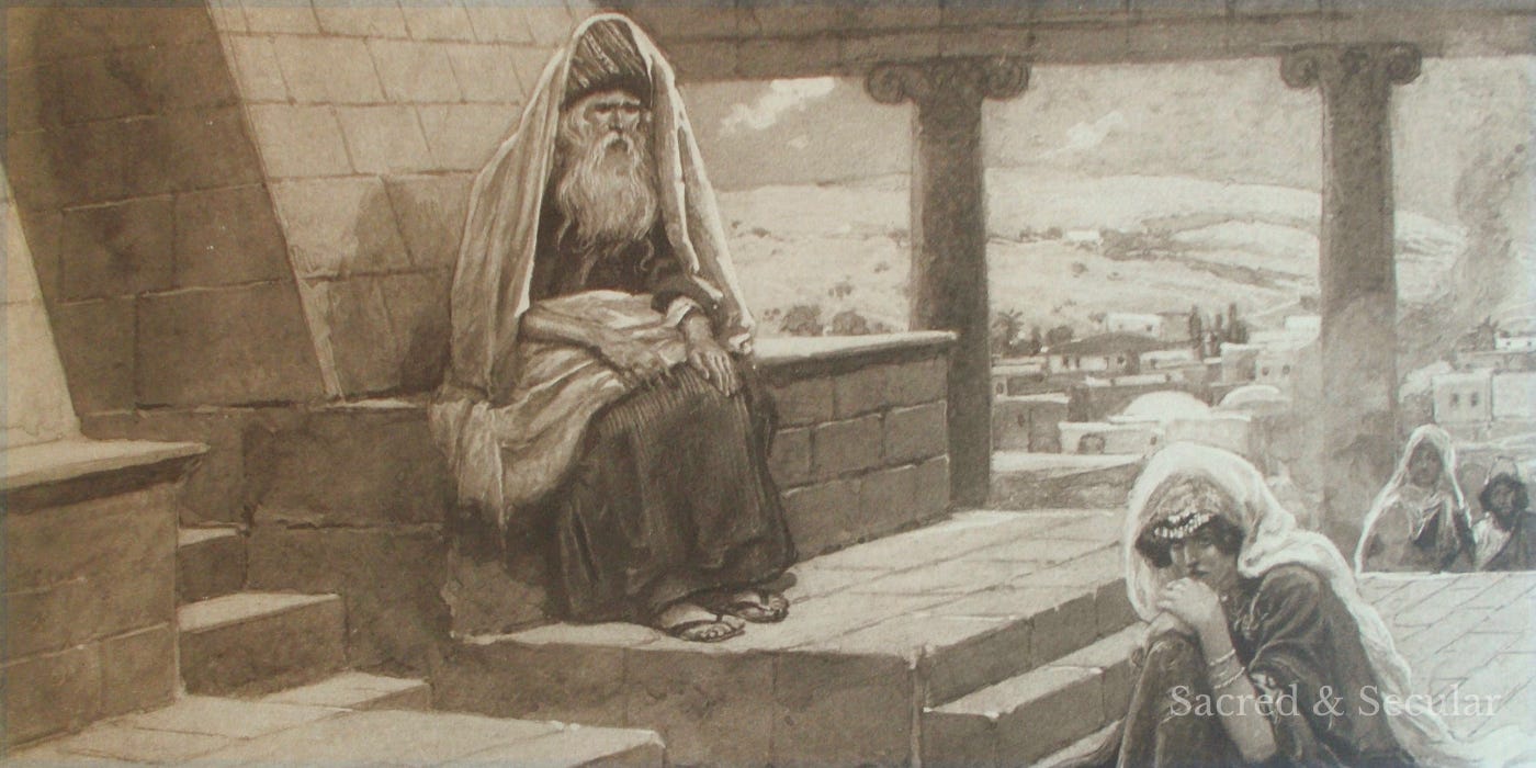 Biblical illustration by James Tissot depicting Hannah praying before Eli the high priest, who mistakes her silent prayer for drunkenness.