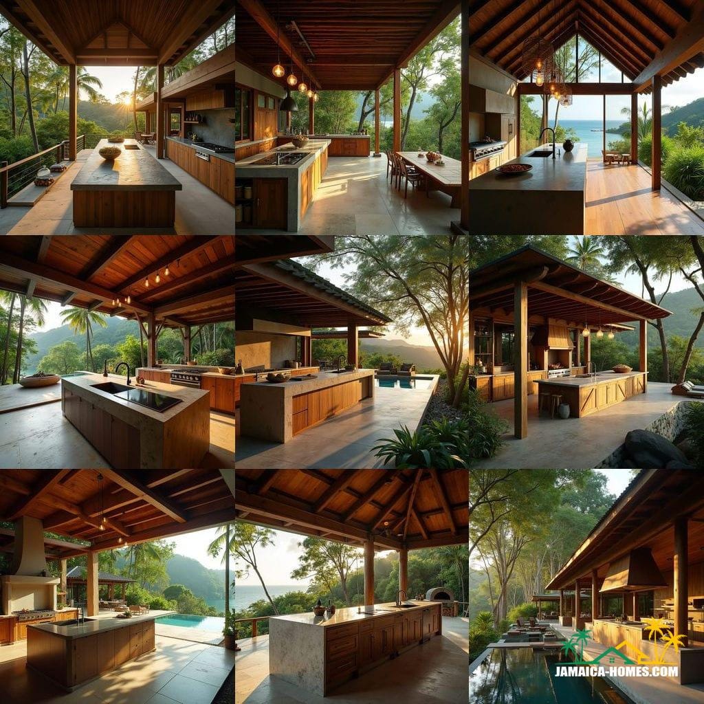 An ultra-luxurious outdoor kitchen, crafted from rich teak and mahogany, seamlessly integrated into a multimillion-pound off-the-grid wooden estate, nestled in the lush green mountains of Jamaica