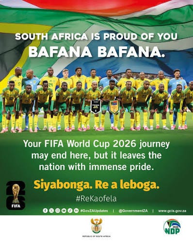 ⚽️ FIFA World Cup 2026🏆 🇿🇦 0⃣➖1⃣ 🇨🇦 Thank you, Bafana Bafana, for representing our nation with pride, resilience and determination. ⚽️ Hold your heads high. Mzansi is proud of you.🇿🇦 #BafanaBafana #FIFAWorldCup #FIFAWorldCup2026