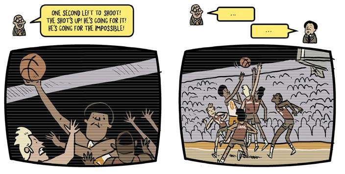 Panels from "Old Head" showing the protagonist during his basketball days.