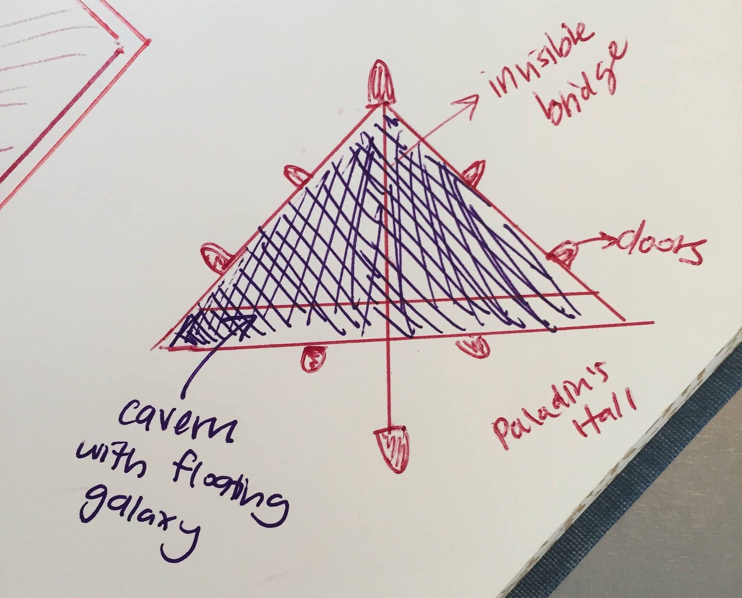 A triangular drawing with 8 doors coming off the sides.