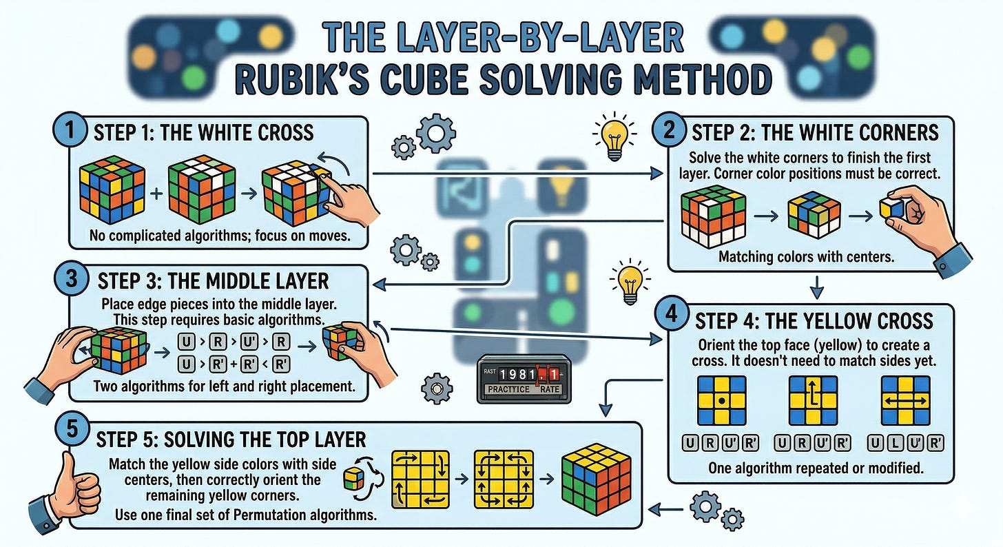 A detailed infographic diagram titled "THE LAYER-BY-LAYER RUBIK'S CUBE SOLVING METHOD," outlining five sequential steps to solve the puzzle. The diagram uses small, stylized illustrations of the cube in various stages of completion, along with cartoon hands, gear icons, lightbulbs, and the year "1981" to guide the viewer. Each of the five steps is contained within a numbered blue rectangle: STEP 1: THE WHITE CROSS - Text: "Form a white plus sign on the bottom face, matching edge colors with side centers." Diagrams show a scrambled cube transitioning to a solved white cross with matching side colors, and a hand making a move. Subtext: "No complicated algorithms; focus on moves." STEP 2: THE WHITE CORNERS - Text: "Solve the white corners to finish the first layer. Corner color positions must be correct." Diagrams show a cube with the completed white cross and corners, finishing the entire bottom layer. Subtext: "Matching colors with centers." A hand places a single corner piece. STEP 3: THE MIDDLE LAYER - Text: "Place edge pieces into the middle layer. This step requires basic algorithms." Diagrams illustrate algorithm sequences (like U R U' R') with direction arrows. The bottom layer is fixed. Subtext: "Two algorithms for left and right placement." Hand makes the twist. STEP 4: THE YELLOW CROSS - Text: "Orient the top face (yellow) to create a cross. It doesn’t need to match sides yet." Diagrams show the three starting OLL patterns for the top face and the specific algorithm to create the yellow cross. Subtext: "One algorithm repeated or modified." STEP 5: SOLVING THE TOP LAYER - Text: "Match the yellow side colors with side centers, then correctly orient the remaining yellow corners." Diagrams illustrate the final PLL algorithms, culminating in a fully solved cube. Subtext: "Use one final set of Permutation algorithms." Solved hands give a thumbs up. The background elements from a previous scene (like the city bokeh and a vintage taximeter) are subtly integrated as simplified icons and symbols. Arrows connect the boxes in sequence, and cartoon hands demonstrate the key movements. A detailed infographic diagram titled "THE LAYER-BY-LAYER RUBIK'S CUBE SOLVING METHOD," outlining five sequential steps to solve the puzzle. The diagram uses small, stylized illustrations of the cube in various stages of completion, along with cartoon hands, gear icons, lightbulbs, and the year "1981" to guide the viewer. Each of the five steps is contained within a numbered blue rectangle: STEP 1: THE WHITE CROSS - Text: "Form a white plus sign on the bottom face, matching edge colors with side centers." Diagrams show a scrambled cube transitioning to a solved white cross with matching side colors, and a hand making a move. Subtext: "No complicated algorithms; focus on moves." STEP 2: THE WHITE CORNERS - Text: "Solve the white corners to finish the first layer. Corner color positions must be correct." Diagrams show a cube with the completed white cross and corners, finishing the entire bottom layer. Subtext: "Matching colors with centers." A hand places a single corner piece. STEP 3: THE MIDDLE LAYER - Text: "Place edge pieces into the middle layer. This step requires basic algorithms." Diagrams illustrate algorithm sequences (like U R U' R') with direction arrows. The bottom layer is fixed. Subtext: "Two algorithms for left and right placement." Hand makes the twist. STEP 4: THE YELLOW CROSS - Text: "Orient the top face (yellow) to create a cross. It doesn’t need to match sides yet." Diagrams show the three starting OLL patterns for the top face and the specific algorithm to create the yellow cross. Subtext: "One algorithm repeated or modified." STEP 5: SOLVING THE TOP LAYER - Text: "Match the yellow side colors with side centers, then correctly orient the remaining yellow corners." Diagrams illustrate the final PLL algorithms, culminating in a fully solved cube. Subtext: "Use one final set of Permutation algorithms." Solved hands give a thumbs up. The background elements from a previous scene (like the city bokeh and a vintage taximeter) are subtly integrated as simplified icons and symbols. Arrows connect the boxes in sequence, and cartoon hands demonstrate the key movements.