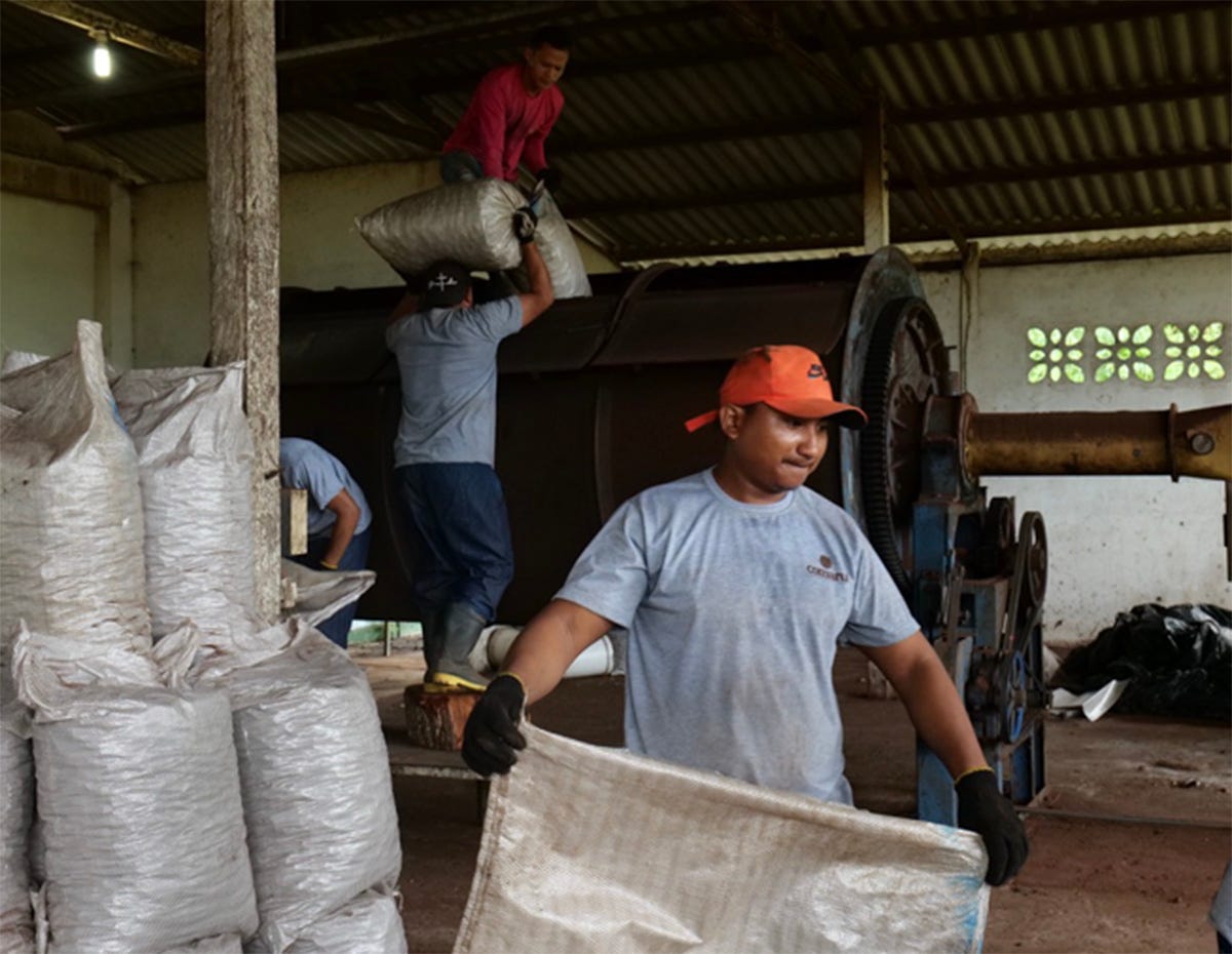 Trabalhadores em um galpão industrial manuseiam sacos de material e abastecem uma máquina de processamento de grande porte. Trabalhadores em um galpão industrial manuseiam sacos de material e abastecem uma máquina de processamento de grande porte.
