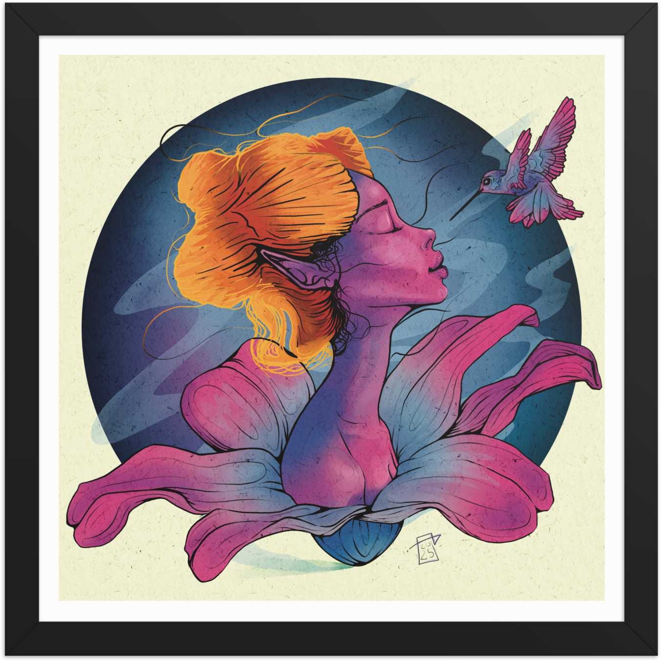 Fantasy illustration of a female elf with her eyes closed facing a small humming bird. Her skin is purple, she has a peaceful relaxed calm expression and she is emerging from her shoulders from a lilly flower. Behind her is a blue circle with energy strings flowing around it like smoke. The illustration is an original artwork by Jamie C Goodwin and is available to buy as a 14-inch framed print from his website jamiecgoodwin.com