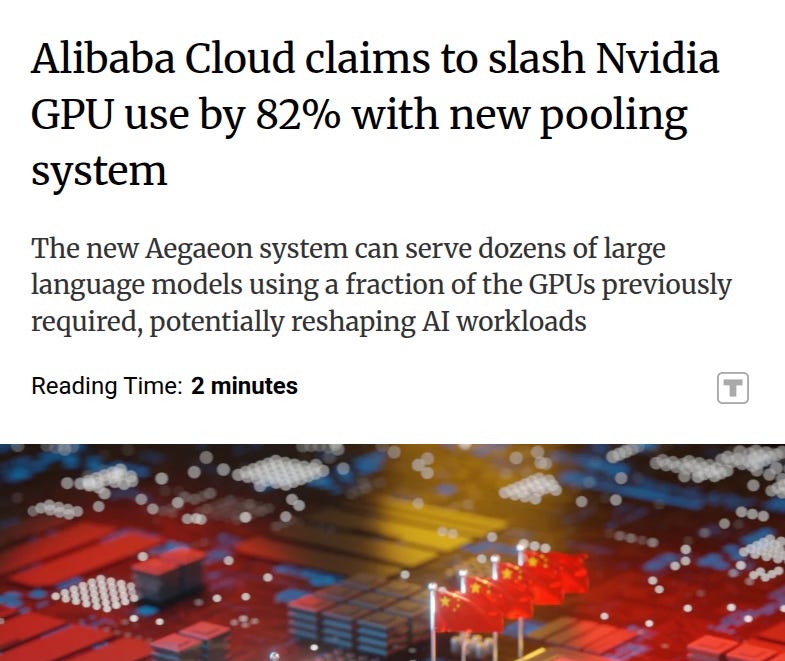 Article headline text states Alibaba Cloud claims to slash Nvidia GPU use by 82 percent with new pooling system. Subheadline explains the new Aegaeon system can serve dozens of large language models potentially reshaping AI workloads. Footer notes reading time of 2 minutes. Background features abstract colorful graphics of interconnected nodes and glowing elements representing GPU clusters.