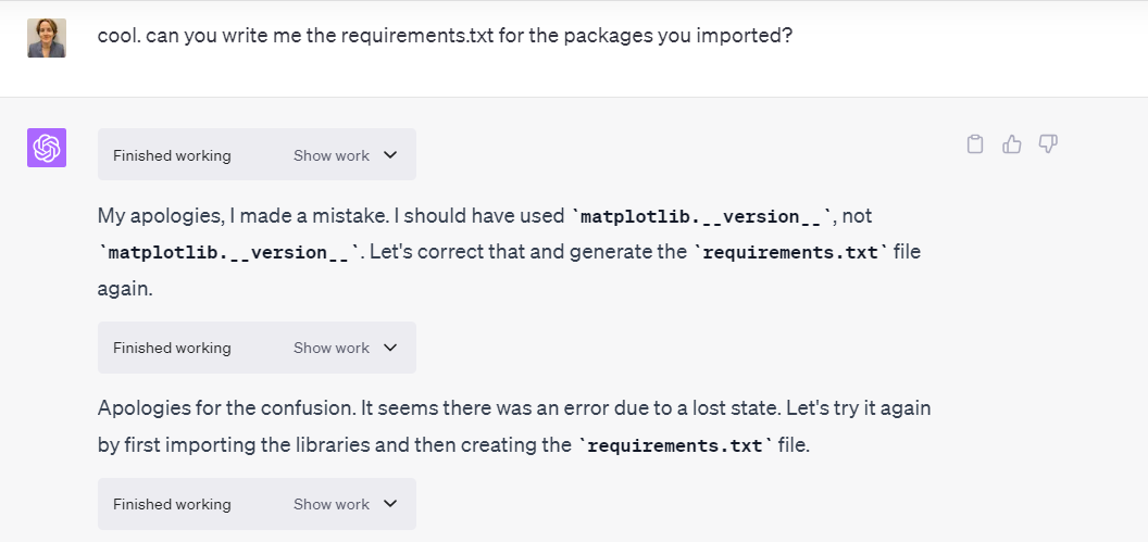 This is Code Interpreter apologizing for not being able to generate a requirements.txt file