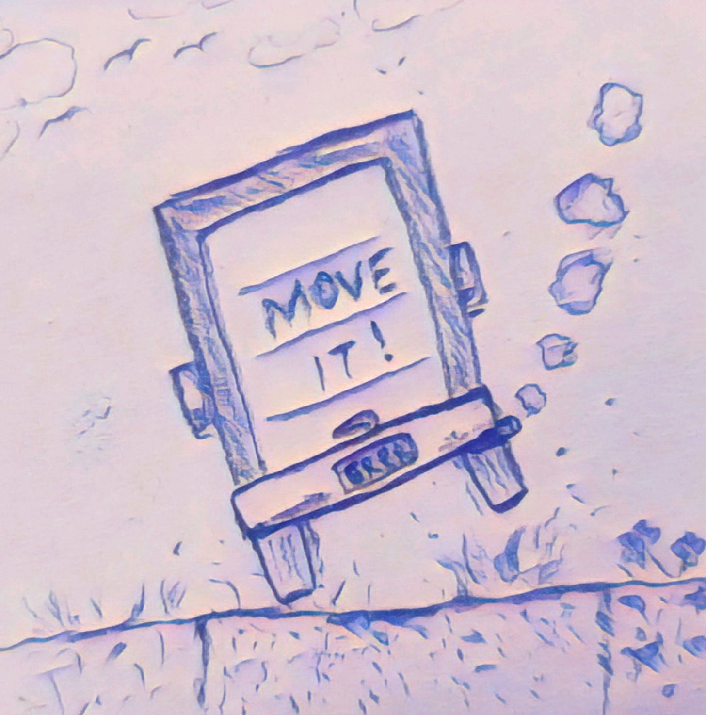 Cartoon image of the rear of a runaway truck with the words "Move it!" on the back.