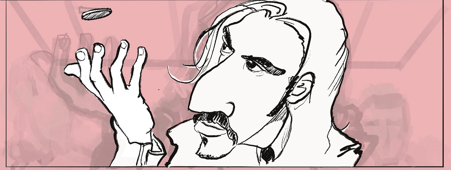 A stylized sketch of one of the guys from the movie LOOPER floating a coin with his hand and looking surly 
