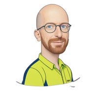 Headshot cartoon caricature of author Darren Quinn wearing a lime green shirt and glasses.