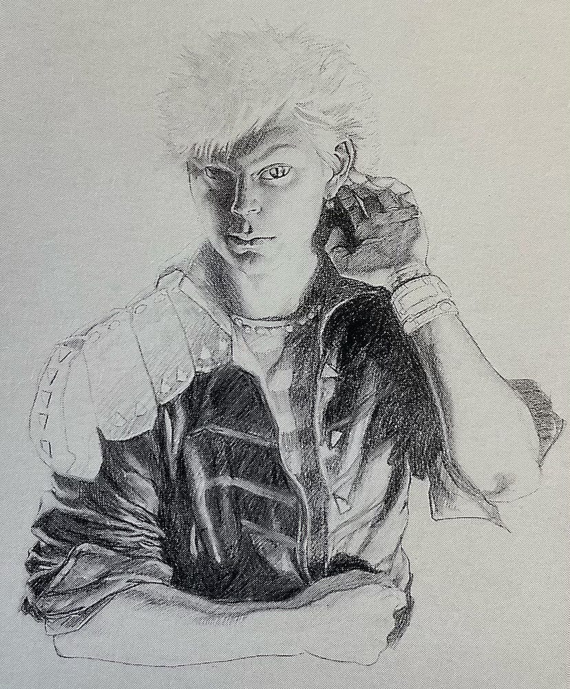 Charcoal study for CATSPAW featuring the pose in the final illustration with protagonist reaching up to probe the skin behind his ear.