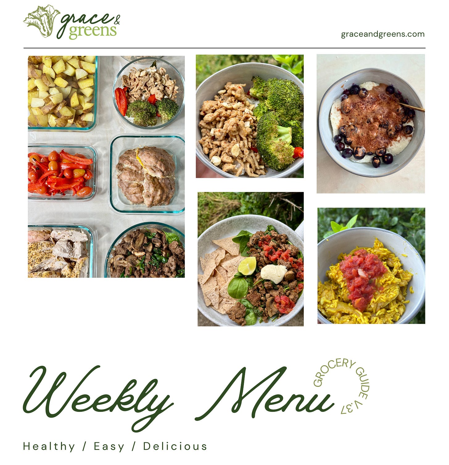 a weekly meal plan with 2 breakfast recipes and 5 dinner recipes to make healthy eating easier for busy people; includes a grocery list, step-by-step prep guide, additional resources