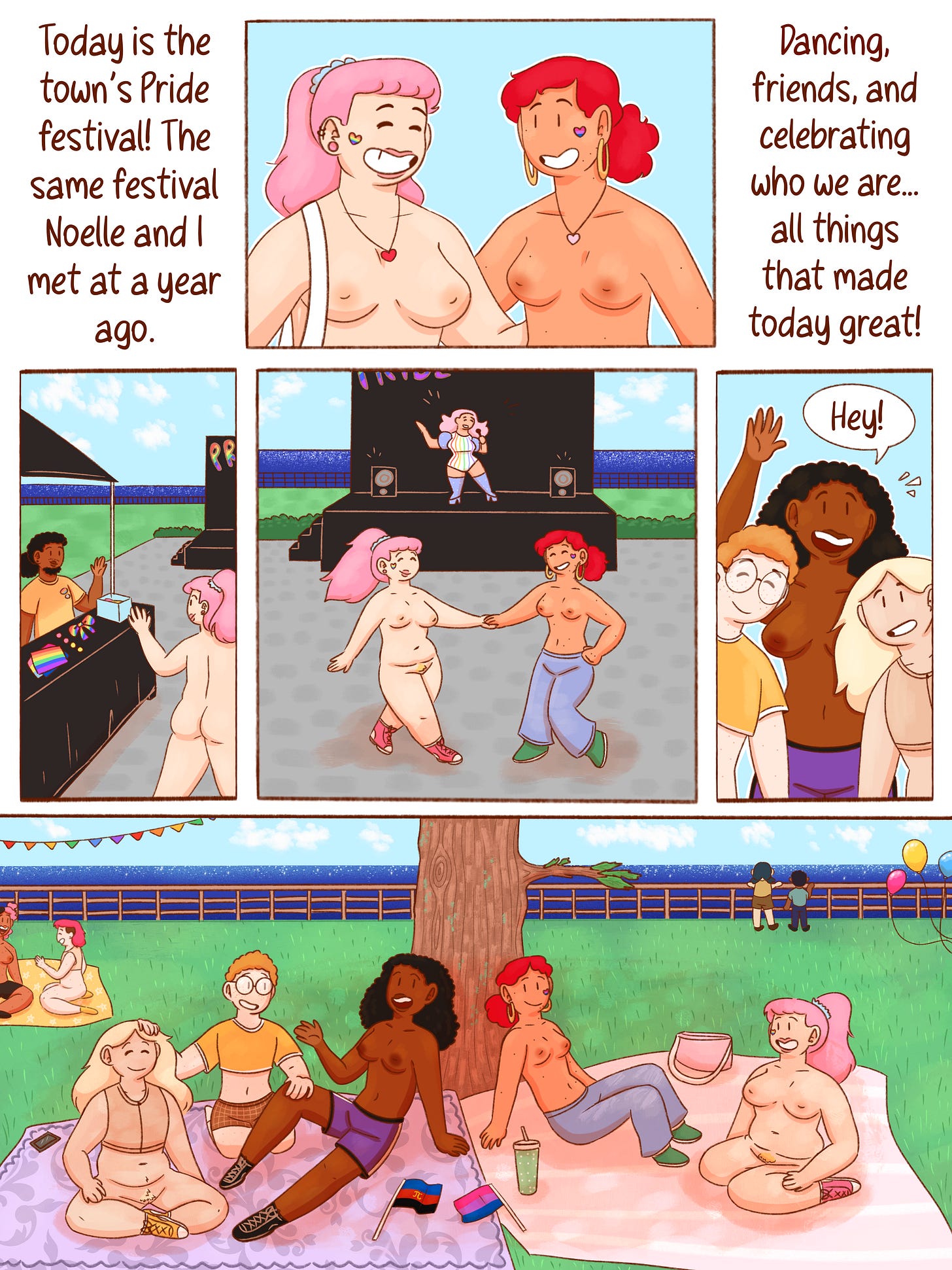Top panel: Val and Noelle smile together at the town’s Pride Festival. The narration reads: “Today is the town’s Pride festival! The same festival Noelle and I met at a year ago.” On the right, the narration continues: “Dancing, friends, and celebrating who we are... all things that made today great!”  Panel 2: Val approaches a festival booth while a volunteer waves from behind the table.  Panel 3: Val and Noelle dance together hand-in-hand in front of a stage where a performer entertains the crowd.  Panel 4: Three friends wave and smile. One calls out, “Hey!”  Bottom panel: A wide picnic scene at the festival. Val, Noelle, and several friends relax together on blankets beneath a tree, chatting and laughing. Pride flags, drinks, and festival decorations are scattered around them while other festivalgoers enjoy the event in the background.