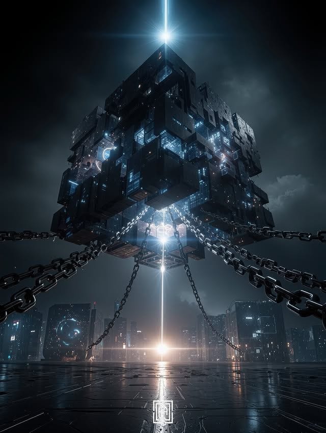 This may contain: a large metal structure with chains hanging from it's sides in the middle of a city at night This may contain: a large metal structure with chains hanging from it's sides in the middle of a city at night