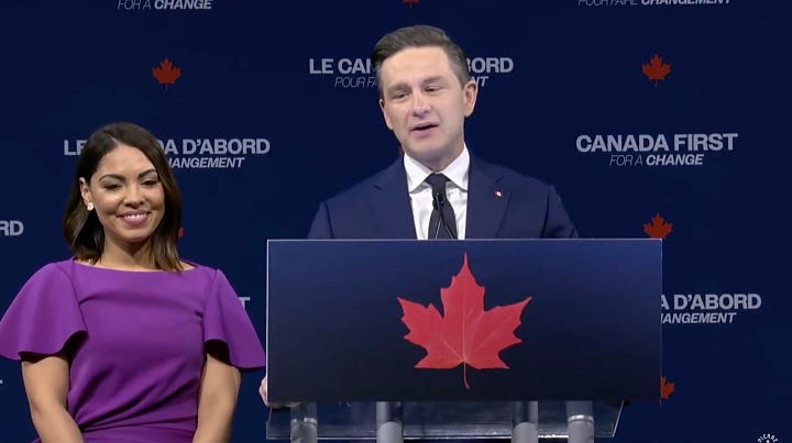 Left, Carney speech after projected win. Right, Poilievre speech after projected loss.