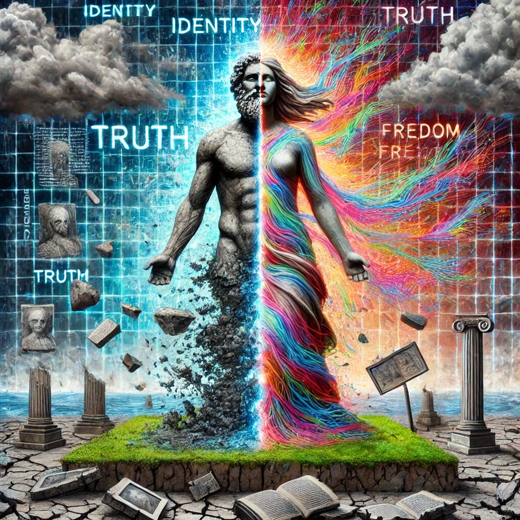 A symbolic illustration of a crumbling statue of a human figure, split in half to represent male and female, with vibrant, colorful threads tangled around the pieces, signifying ideological manipulation. The background is a mix of stormy, ominous clouds and digital screens projecting fragmented words like 'identity,' 'truth,' and 'freedom.' The ground below is scattered with broken pieces of family photos and textbooks, highlighting societal and educational impact.