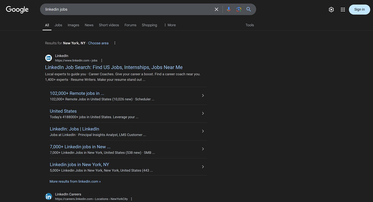 Searching for “linkedIn jobs” on Google