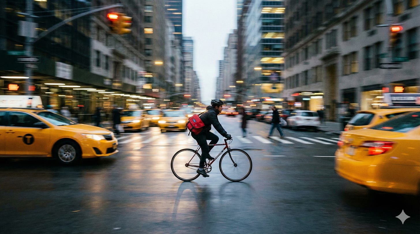 A cinematic, horizontal shot of a bike messenger riding through a busy New York City street. The background of yellow taxis and tall buildings is streaked with heavy motion blur to convey high speed, while the cyclist and their bright red messenger bag remain in sharp focus in the center of the frame.