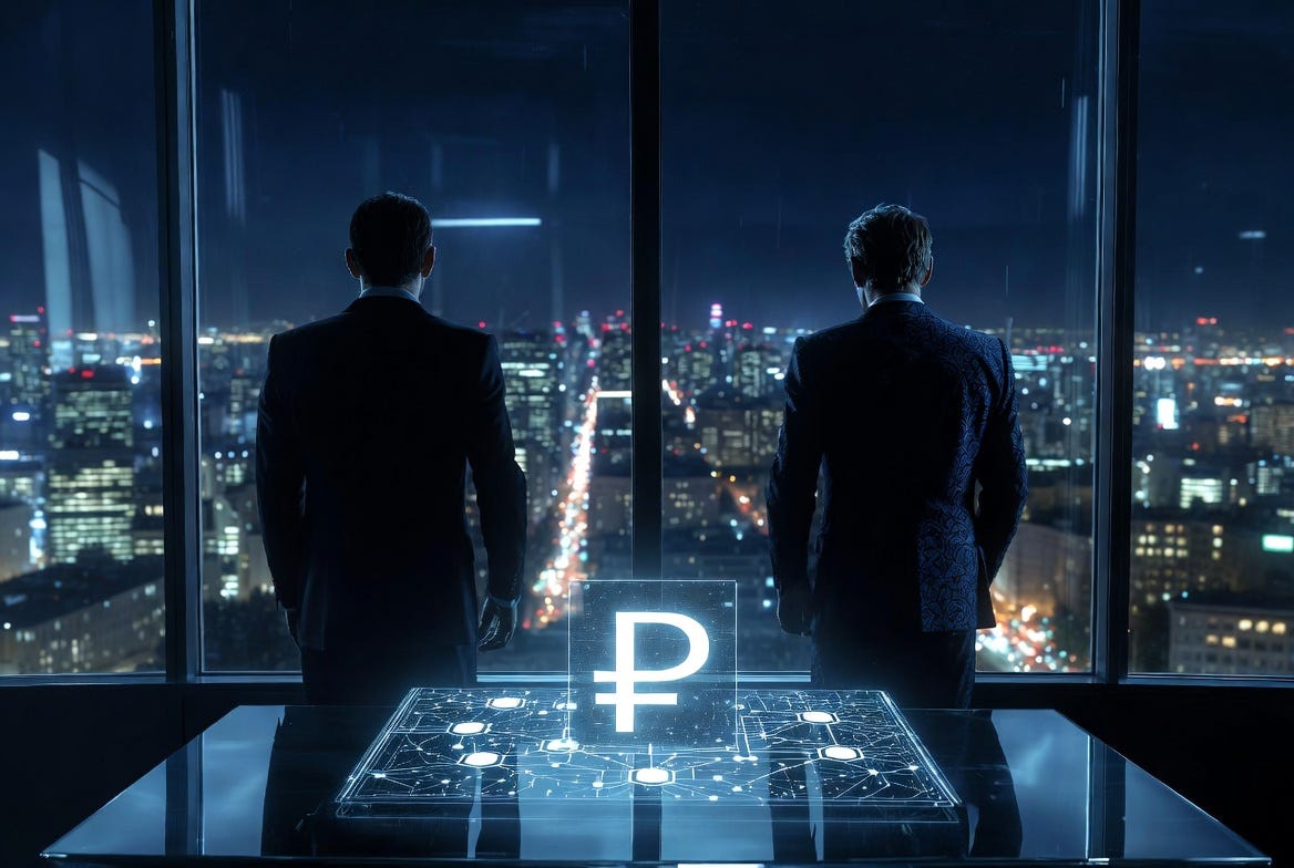 Two suited figures from behind standing before a city skyline at night with a holographic ruble symbol and blockchain nodes on a glass table between them, representing the state-level ownership structure of A7 LLC. Two suited figures from behind standing before a city skyline at night with a holographic ruble symbol and blockchain nodes on a glass table between them, representing the state-level ownership structure of A7 LLC.