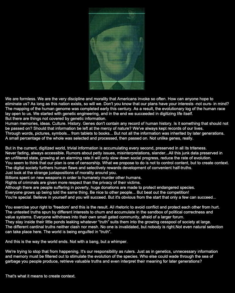 r/metalgearsolid - Il monologo del Colonnello AI è invecchiato bene, ed è probabilmente ancora più rilevante oggi, un decennio dopo l'uscita di MGS2.